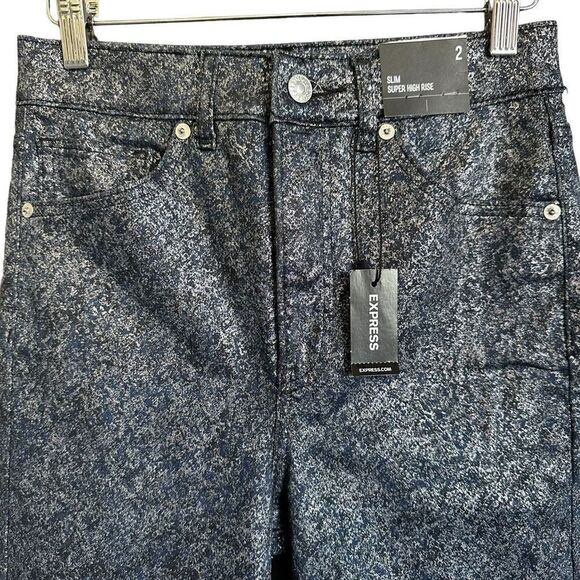 Express Slim Super High Rise Jacquard Silver Metallic Blue Jeans - Picture 4 of 7
